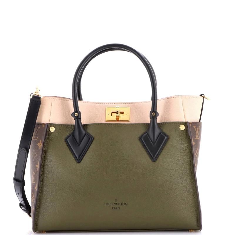 Louis Vuitton On My Side Tote Leather with Monogram Canvas MM: Accessories: Dust Bag, With Strap Measurements: Handle Drop 4.5", Height 9.5", Width 12", Depth 5", Strap Drop 17-19"