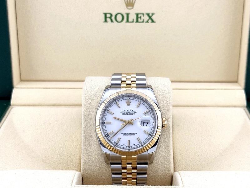 Rolex Datejust 116233 36mm White Dial 18k Yellow Gold Steel Jubilee Box: Style Number: 116233 Year: 2008 Model: Rolex Datejust Case Material: Stainless Steel Band: 18k Yellow Gold & Stainless Steel Jubilee Bezel: 18k Yellow Gold Fluted Dial: White Dial Crystal: Sapphire