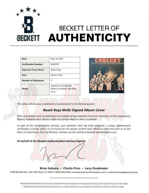 Carl Wilson, Mike Love & Al Jardine Signed THE BEACH BOYS Album Cover (Beckett LOA)) - 4