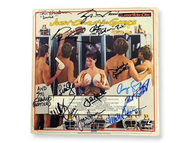 Just One of the Guys Signed Cast Autograph Laserdisc Cover 13 Sigs Zabka BAS LOA: Signed by: Arye Gross, Robert Fieldsteel, Sherilyn Fenn, Stuart Charno, William Zabka, Joyce Hyser, Clayton Rohner, Toni Hudson, Leigh McCloskey, Billy Jacoby, John Appicella, Lisa Gottlieb and
