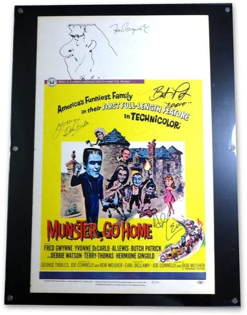 The Munsters Signed Cast Autographed Custom Framed Poster Gwynne DeCarlo JSA LOA: Poster measures 14 X 22 Encased in 18 X 24 Lucite Frame. Signed by Fred Gwynne (w/Sketch), Butch Patrick, Yvonne De Carlo and Al Lewis.
