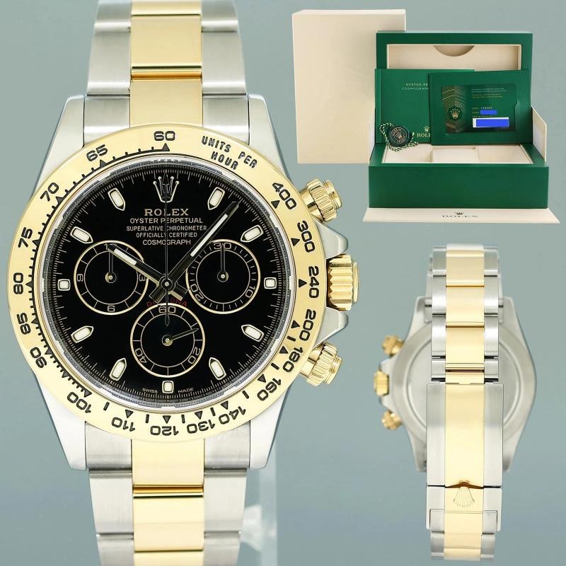 2023 NEW PAPERS Rolex Daytona 116503 Black 40mm Two Tone 18k Yellow Gold Watch: Case & Dial Case Material: Rolex Two-Tone Yellow Gold & Stainless Steel Case Size: 40mm Bezel: Rolex Yellow Gold Crystal: Rolex Sapphire Dial: Rolex Black Movement & Bracelet Movement: Rolex Automatic