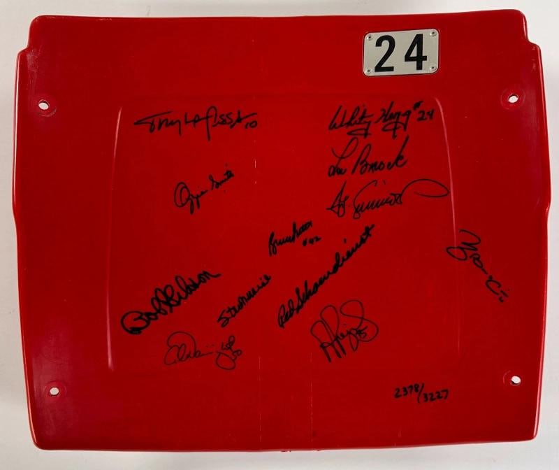 Albert Pujols Stan Musial Bob Gibson Signed St. Louis Cardinals Seatback BAS: Signed by 12 Cardinal Legends. Signatures include Bob Gibson, Albert Pujols, Red Schoendienst, Yadier Molina, Ozzie Smith, Lou Brock, Whitey Herzog, Ted Simmons, Bruce Sutter, Tony La Russa, Adam