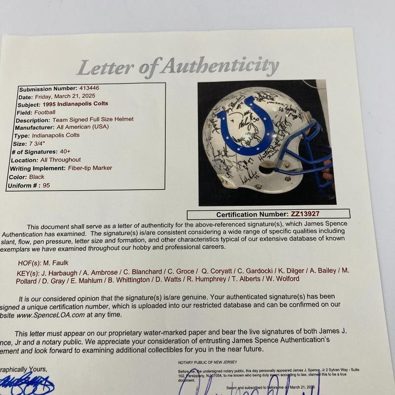 1995 Indianapolis Colts Team Signed Authentic Game Issued Helmet JSA COA - 17