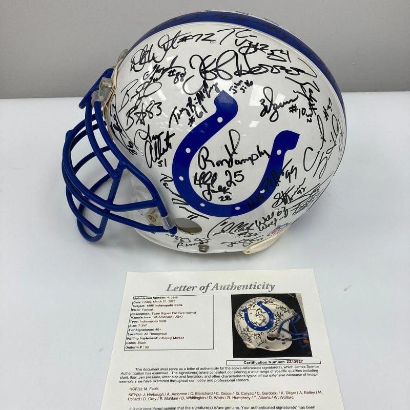 1995 Indianapolis Colts Team Signed Authentic Game Issued Helmet JSA COA: signed by 40+ members of the team. Key signatures include Jim Harbaugh, Marshall Faulk, Ashley Ambrose, Cary Blanchard, Clif Groce, Quentin Coryatt, Chris Gardocki, Ken Dilger, Aaron Bailey, Marcus