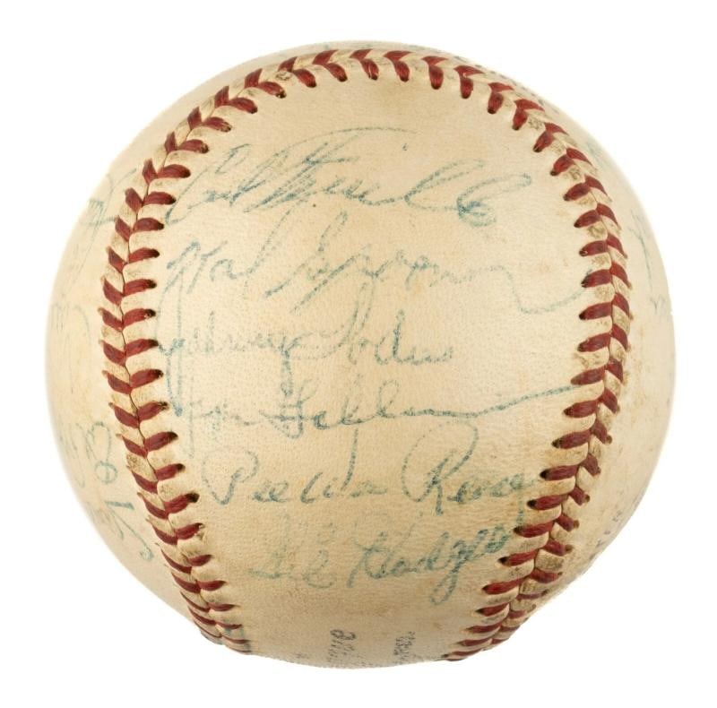 1955 Brooklyn Dodgers World Series Champs Team Signed Baseball: signed in blue ink by the following 21 members of the 1955 World Champion Brooklyn Dodgers: Campanella, Alston (Mgr., sweet spot), Snider, Reese, Hodges, Amoros, Roebuck, Erskine, Labine, Zimmer,