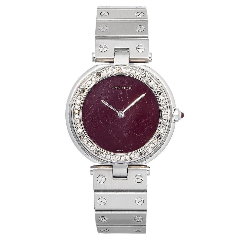 Cartier Santos Vendome 8192 SS Diamond Quartz Burgundy Dial Unisex Watch 33mm: Case Size 33mm Wrist Fit 7 inches Box No Papers No Condition Ã¢â‚¬â€ Pre-owned Full Specifications Brand Cartier Model Santos Vendome Customized Aftermarket