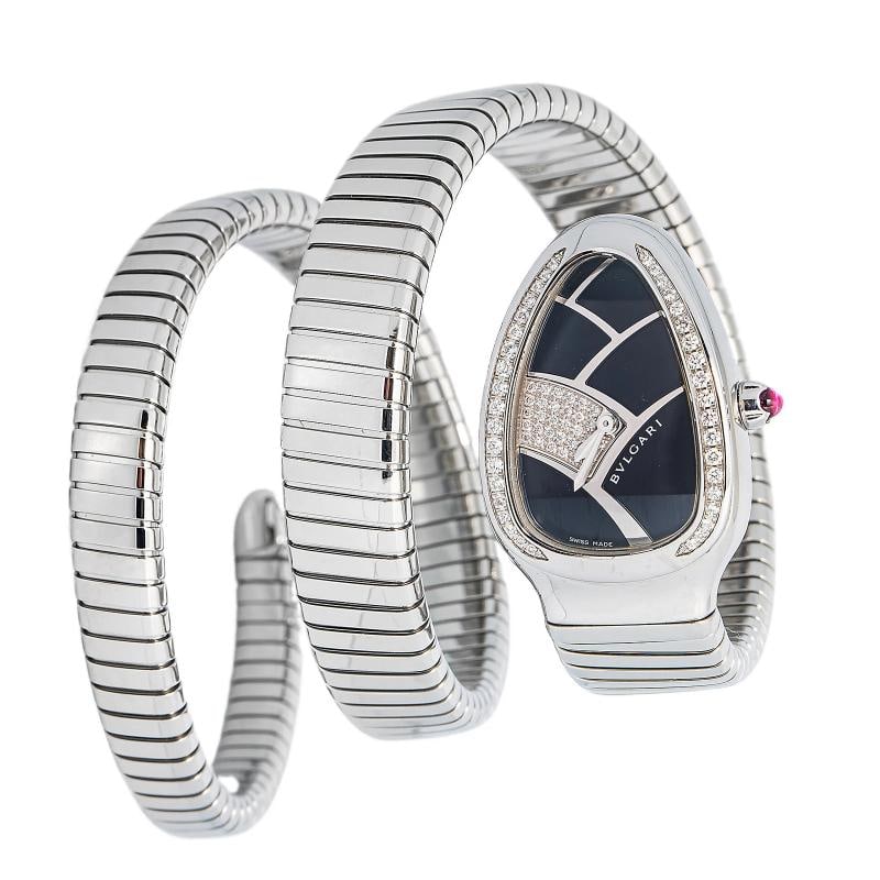Bvlgari Serpenti SP35S SS Quartz Black Dial Women Watch 35mm: Case Size 35mm Wrist Fit 35mm Box No Papers Yes Condition Ã¢â‚¬â€ Pre-owned Full Specifications Brand Bvlgari Model Serpenti Customized No Serial #
