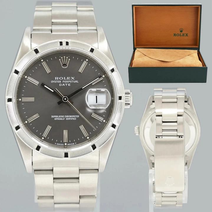 MINT Rolex Oyster Perpetual Date 34mm 15210 Steel Grey Stick Watch Box: Condition: Pre-owned - Excellent,Brand: Rolex,Department: Unisex Adults,Type: Wristwatch,Model: Ladies Rolex,Reference Number: 15210,With Original Box/Packaging: Yes,With Papers: No,Customized: No,UPC