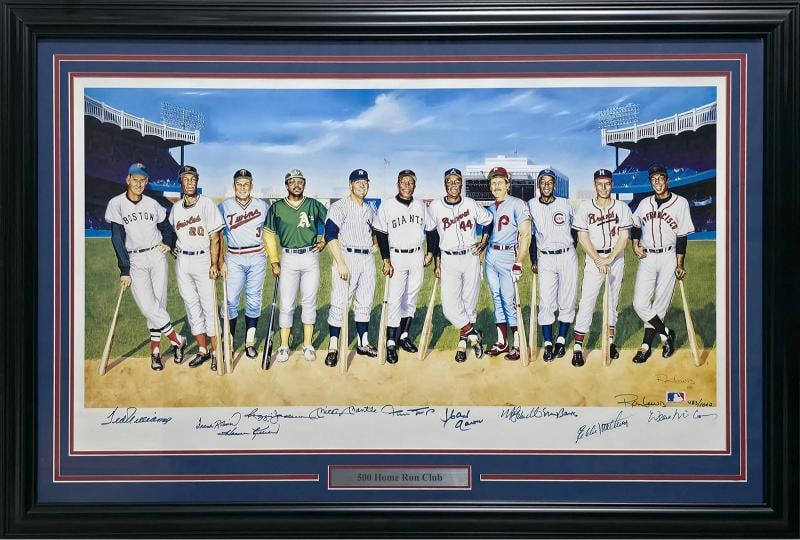 500 Home Run Club Signed Framed 22x38 Lithograph 11 Sigs #483/1000 PSA/DNA: signed by members of 500 Home Run Club. Signatures include Mickey Mantle, Ted Williams, Willie Mays, Hank Aaron, Ernie Banks, Reggie Jackson, Mike Schmidt, Frank Robinson, Harmon Killebrew, Willie McC