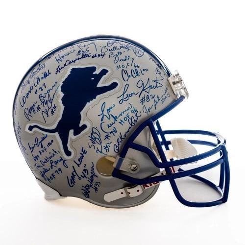Detroit Lions Legends Multi Signed Full Size Helmet 44 Signatures! PSA DNA COA: helmet has been signed over both sides in with blue ink signatures by the likes of Pro Football Hall of Famers Bill Dudley, Joe Schmidt, Lem Barney, Lou Creekmur and Yale Lary as well as numerous