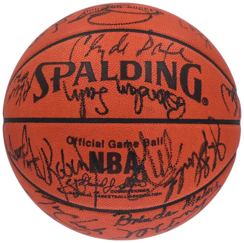 Michael Jordan 1989 All Star Game Team Signed Spalding Game Basketball PSA DNA: signed in black marker by 28 1989 NBA All-Stars. Key signatures on the ball include those of Hall of Famers Michael Jordan, Larry Bird, Robert Parish, Dominique Wilkins, James Worthy, Joe Dumars,