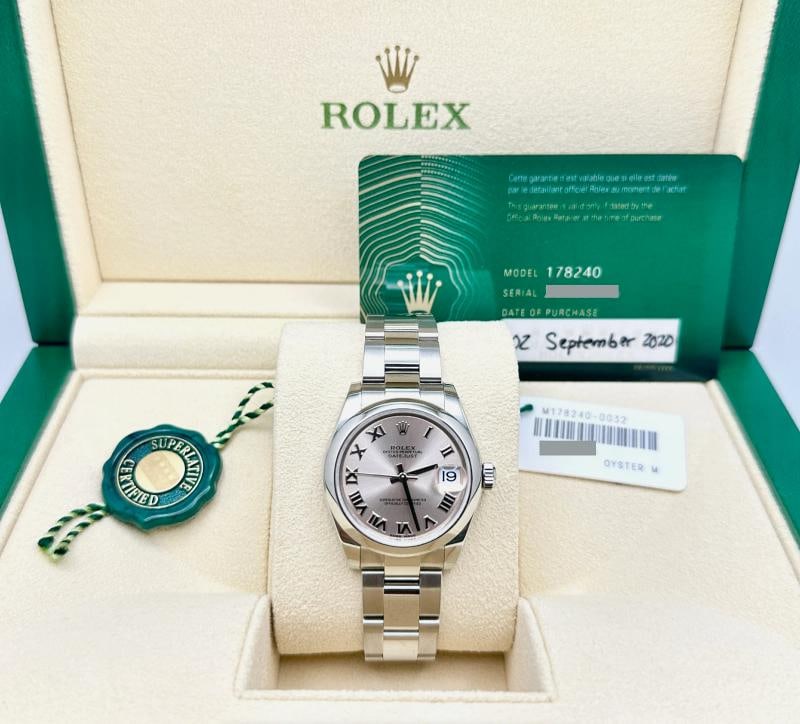 2020 Rolex Datejust Midsize 178240 31mm Pink Roman Dial Steel Box Paper: Style Number: 178240 Model: Rolex Midsize Datejust Year: 2020 Case Material: Stainless Steel Band: Stainless Steel Bezel: Stainless Steel Dial: Pink Roman Dial Crystal: Sapphire Case Size: 31mm