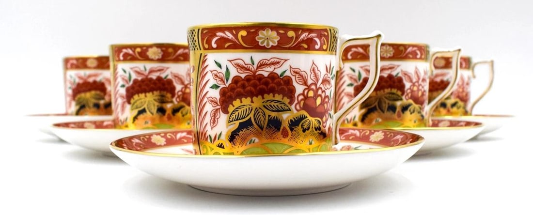Set of 6 Royal Crown Derby Imari Golden Peony Bone China Coffee Cup & Saucer - 2