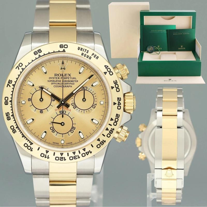 2022 MINT 116503 Rolex Daytona Two Tone Champagne Chrono Yellow Gold Watch: Case & Dial Case Material: Rolex Stainless Steel Case Size: 40mm Bezel: Rolex Yellow gold Crystal: Rolex Sapphire Dial: Rolex Champagne Movement & Bracelet Movement: Rolex Automatic Bracelet Design: