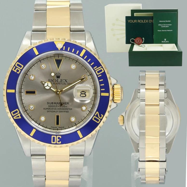 MINT Rolex Submariner 16613LB Two Tone Gold Silver Serti Diamond Gold Buckle: Case & Dial Case Material: Rolex Two-Tone Yellow Gold & Stainless Steel Case Size: 40mm Bezel: Rolex Blue Crystal: Rolex Sapphire Dial: Rolex Silver Serti Diamond & Sapphire Movement & Bracelet