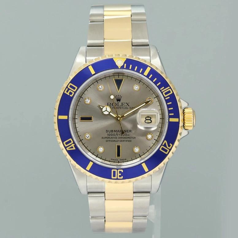MINT Rolex Submariner 16613LB Two Tone Gold Silver Serti Diamond Gold Buckle - 2