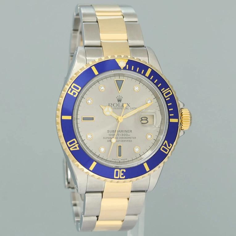 MINT Rolex Submariner 16613LB Two Tone Gold Silver Serti Diamond Gold Buckle - 3