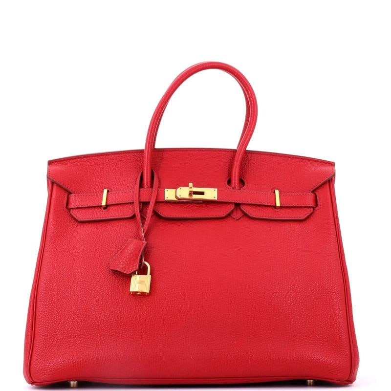 Hermes Birkin Handbag Red Togo with Gold Hardware 35: Accessories: Clochette, Keys, Lock Measurements: Height 10", Width 13.5", Depth 7".