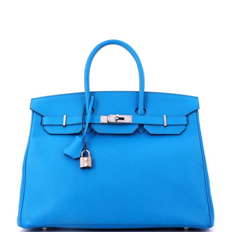 Hermes Birkin Handbag Blue Epsom with Palladium Hardware 35: Accessories: Keys, Lock, Clochette Measurements: Handle Drop 4.5", Height 10", Width 13.5", Depth 7"