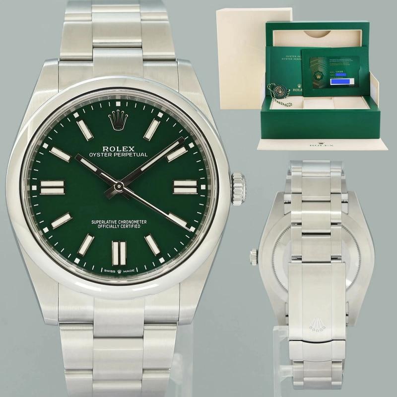 2024 NEW PAPERS ROLEX 124300 Oyster Perpetual 41mm Green Dial Oyster Watch Box: Case & Dial Case Material: Rolex Stainless Steel Case Size: 41mm Bezel: Rolex Steel Crystal: Rolex Sapphire Dial: Rolex Green Movement & Bracelet Movement: Rolex Automatic Bracelet Design: Rolex