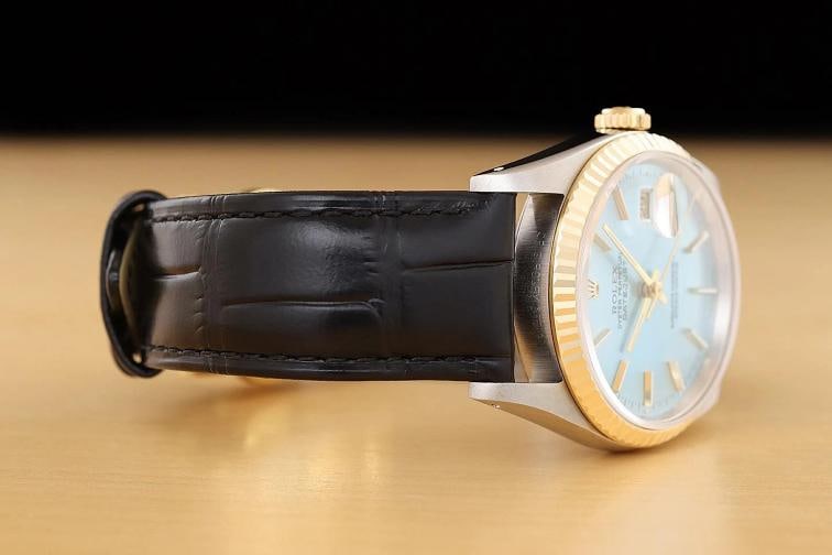 ROLEX MENS DATEJUST 16233 ICE BLUE 18K GOLD STEEL WATCH w/ BLACK LEATHER BAND - 7