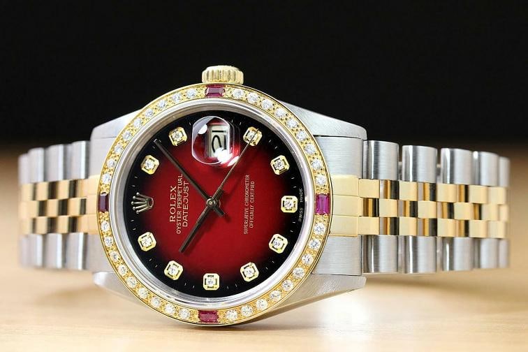 ROLEX MENS DATEJUST 16013 RED VIGNETTE 18K YELLOW GOLD RUBY DIAMOND STEEL WATCH - 3