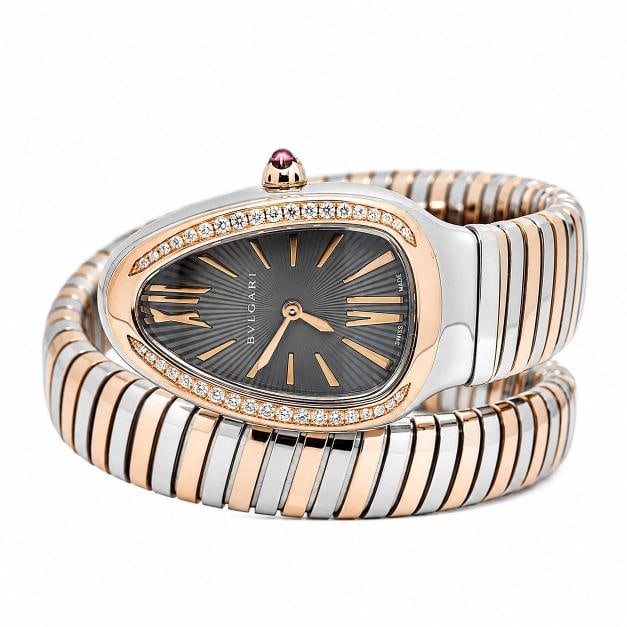 Bvlgari Serpenti Tubogas SP35SPG 18k Rose TwoTone Grey Dial Quartz Watch 35mm: Case Size 35mm Wrist Fit 6 inches Box Yes Papers Yes(2018) Condition Ã¢â‚¬â€ Used - Like New Full Specifications Brand Bvlgari Customized No Serial #