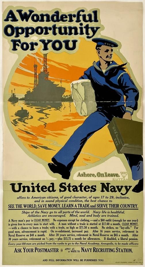 Original Vintage Poster WONDERFUL OPPORTUNITY FOR YOU US NAVY Propaganda WWI OL (1 of 5)