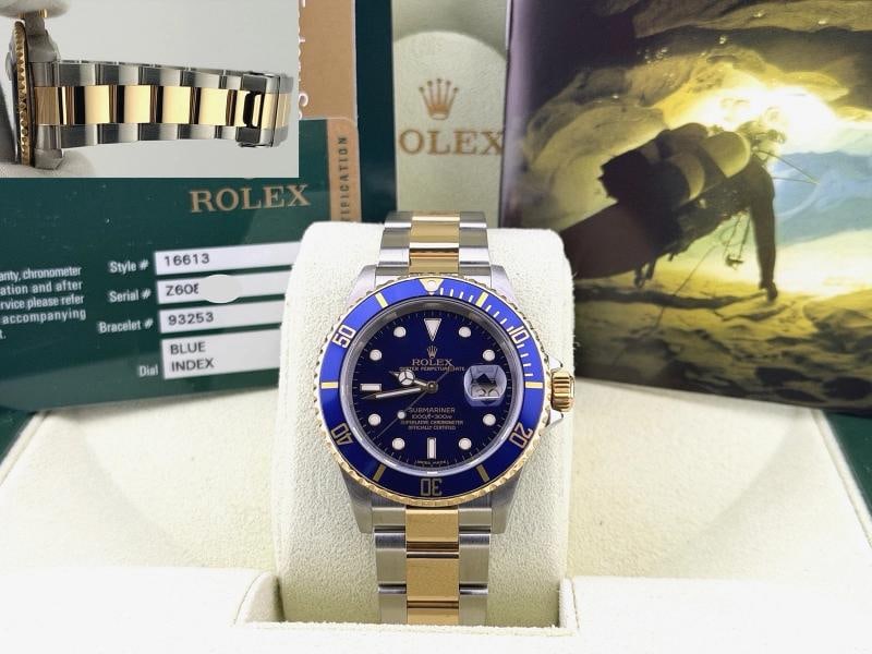 2007 Rolex Submariner Date Blue 16613 40mm Blue Dial 18k Gold Steel Box Paper - 14