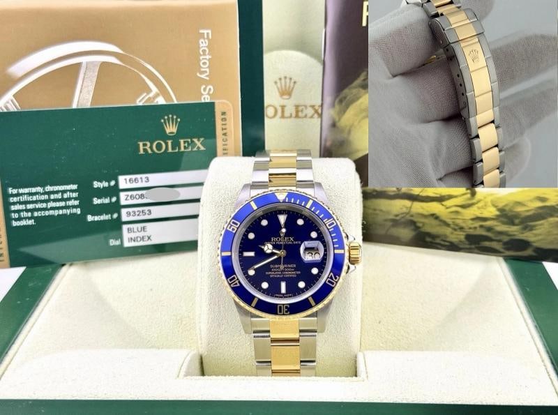 2007 Rolex Submariner Date Blue 16613 40mm Blue Dial 18k Gold Steel Box Paper: Style Number: 16613 Serial: Z60**** Year: 2007 Model: Rolex Submariner Date Case Material: Stainless Steel Band: 18k Yellow Gold & Stainless Steel Bezel: Blue Dial: Blue Crystal: Sapphire Case Size:
