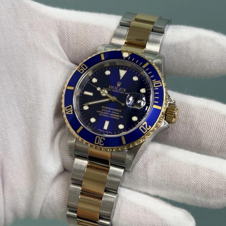 2007 Rolex Submariner Date Blue 16613 40mm Blue Dial 18k Gold Steel Box Paper - 8