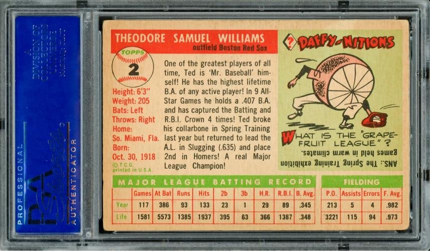 Ted Williams Autographed 1955 Topps Card #2 Boston Red Sox PSA/DNA - 2