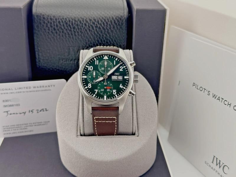 IWC Pilot Chronograph 41 IW388103 41mm Green Dial Stainless Steel Box Paper: Style Number: IW388103 Year: 2022 Model: IWC Pilot Chronograph 41 Case Material: Stainless Steel Band: Brown Leather Bezel: Stainless Steel Dial: Green Dial Crystal: Sapphire Case Size: 41mm