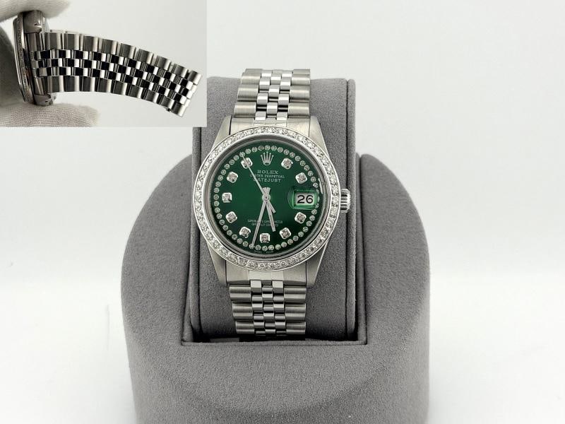 Rolex Datejust 16014 36mm Green Diamond Dial Diamond Bezel Steel Jubilee: Style Number: 16014 Serial: 638**** Year: 1979 Model: Rolex Datejust Case Material: Stainless Steel Band: Stainless Steel Jubilee Bezel: Custom Diamond Bezel Dial: Custom Green Diamond Dial Crystal: