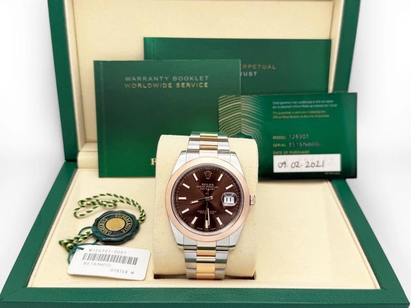 Rolex Datejust 41 126301 Chocolate Dial 18k Rose Gold Stainless Steel Box Paper: Style Number: 126301 Year: 2021 Model: Rolex Datejust 41 Case Material: Stainless Steel Band: 18K Rose Gold & Stainless Steel Bezel: 18K Rose Gold Dial: Chocolate Dial Crystal: Sapphire Crystal Case