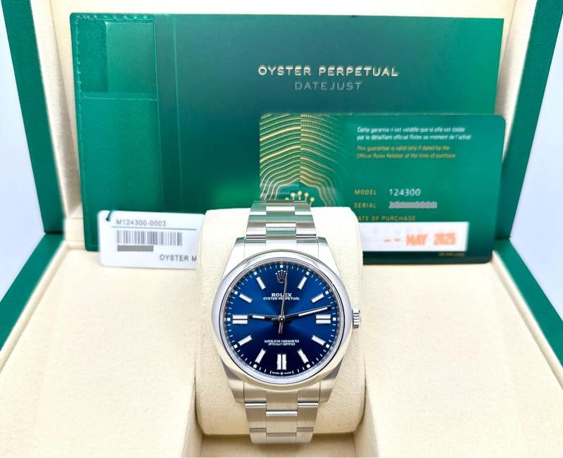 2025 Rolex Oyster Perpetual 124300 41mm Blue Dial Stainless Steel Box Papers: Year: 2025 Model: Rolex Oyster Perpetual Case Material: Stainless Steel Band: Stainless Steel Bezel: Stainless Steel Dial: Blue Crystal: Sapphire Case Size: 41mm Includes: - Rolex Box & Paper .
