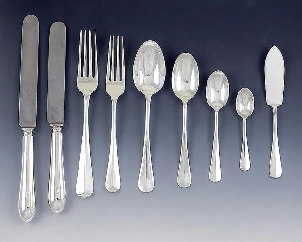86pc English Sterling Silver Hanoverian Style Rat Tail Flatware Set - 2