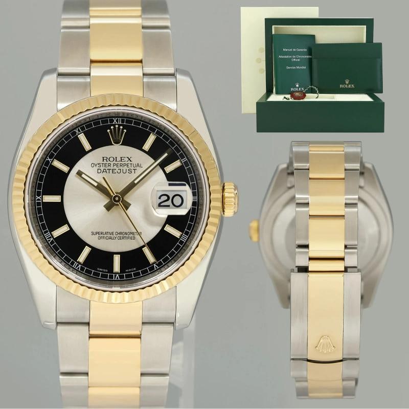 MINT Rolex DateJust Oyster Two Tone Yellow Gold Steel Black Tuxedo 36mm 116233: Case & Dial Case Material: Rolex Two-Tone Yellow Gold & Stainless Steel Case Size: 36mm Bezel: Rolex Yellow Gold Fluted Crystal: Rolex Sapphire Dial: Rolex Black Tuxedo Movement & Bracelet Movement: R