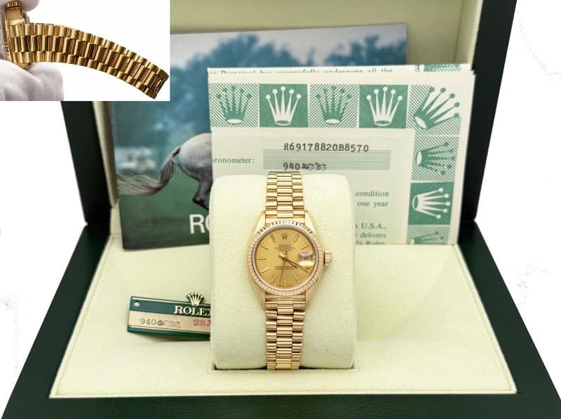 Rolex Ladies President Datejust 69178 Champagne Dial 18K Yellow Gold Box Paper: Condition: Pre-owned - Excellent,Bezel Color: Gold, Yellow,Year Manufactured: 1980-1989,Band/Strap: Rolex President,Case Color: Gold, Yellow,Department: Women,Bezel Type: Fluted,Watch Shape: