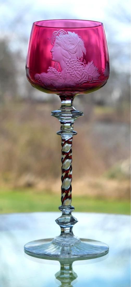 Rare Baccarat Cranberry Cut to Clear Art Nouveau Engraved Wine Glass - Circa1900: Measures 7 3/4" high by 3" wide.