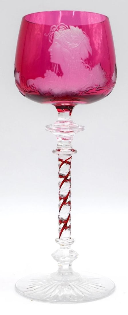 Rare Baccarat Cranberry Cut to Clear Art Nouveau Engraved Wine Glass - Circa1900 - 2