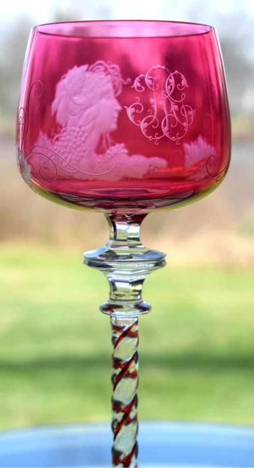 Rare Baccarat Cranberry Cut to Clear Art Nouveau Engraved Wine Glass - Circa1900 - 6