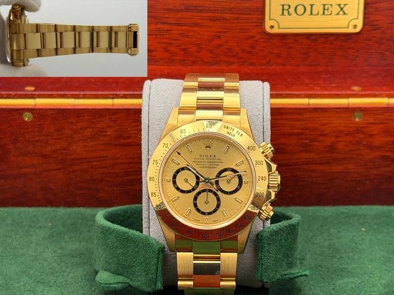 Rolex Daytona Zenith Unpolished 16528 Champagne Inverted 6 Dial 18k Yellow Gold: Style Number: 16528 Serial: S45**** Year: 1993 Model: Rolex Daytona Zenith Case Material: 18k Yellow Gold Band: 18k Yellow Gold Bezel: 18k Yellow Gold Dial: Champagne Inverted 6 Crystal: Sapphire
