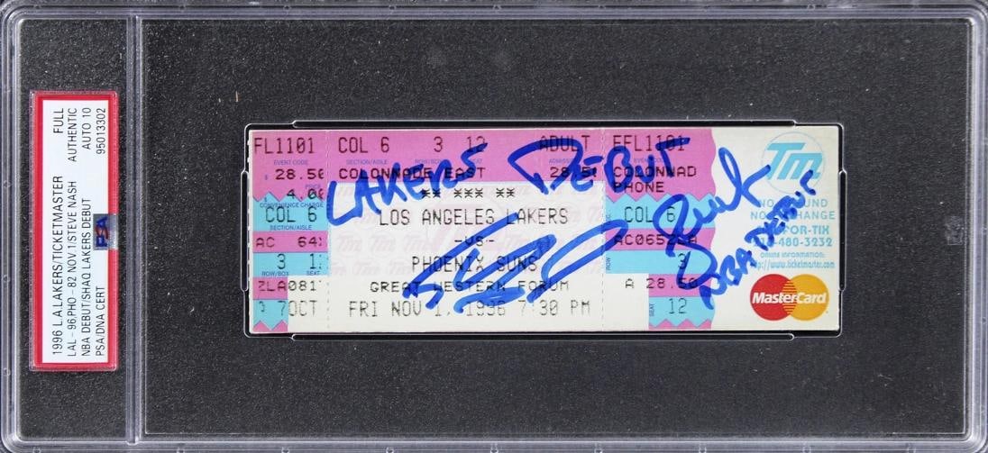 Shaquille O'Neal & Steve Nash Signed 11/1/96 Full Ticket Stub Auto 10 PSA Slab 2: Product: Not Available,Player: Shaquille O'Neal & Steve Nash,Original/Reprint: Original,Autograph Authentication: PSA,PRODUCT_COA: PSA,PRODUCT_SIGNED_BY_NAME: Shaquille O'Neal & Steve Nash,Country of