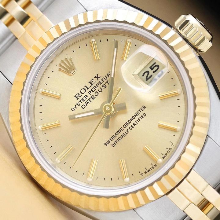 ROLEX LADIES DATEJUST 69173 CHAMPAGNE DIAL 18K YELLOW GOLD STEEL TWO TONE WATCH: Condition: Pre-owned - Excellent,Bezel Color: Gold,Max Wrist Size: 6.26-6.75 in,Number of Jewels: 29 Jewels,Indices: Stick Indexes, 12-Hour Dial,Band: Rolex Two Tone Jubilee Bracelet,Bezel: Rolex 18K