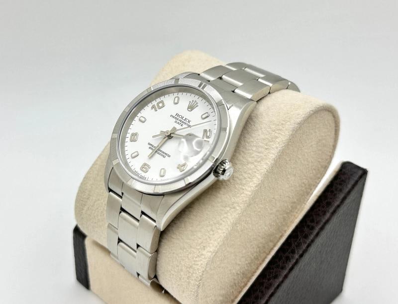 2004 Rolex Date 15210 34mm White Arabic Dial Engine Turned Bezel Steel Box Paper - 3