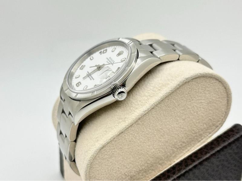 2004 Rolex Date 15210 34mm White Arabic Dial Engine Turned Bezel Steel Box Paper - 4