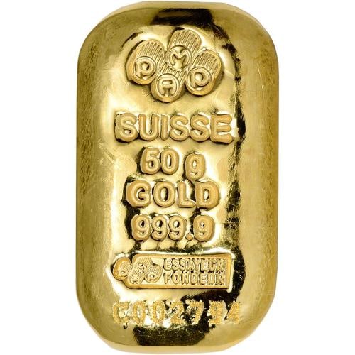 50 gram Gold Bar - PAMP Suisse - Poured - 999.9 Fine with Assay: Country of Origin: Switzerland,Coin: Gold Bars,Brand/Mint: Pamp Suisse,Fineness: 999.9,Composition: Gold,Circulated/Uncirculated: Uncirculated,Denomination: 50 gram