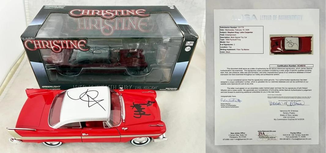 Stephen King and John Carpenter Signed Diecast Car 1:24 Christine JSA COA: Condition: New: A brand-new, unused, unopened, undamaged item (including handmade items).,Modified Item: No,Original/Reproduction: Original,Country of Origin: United States